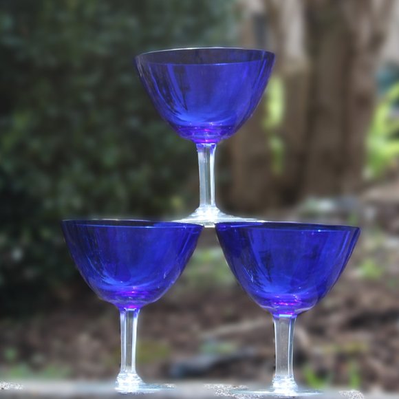 Set of (3) - Cobalt Blue Goblets/ champagne with Clear Stems 5"tall - Picture 1 of 9